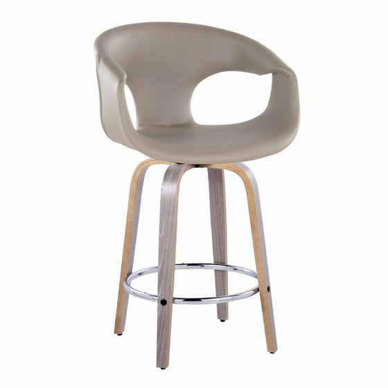 Curva - 26" Fixed-Height Counter Stool With Swivel And Round Chrome Metal Footrest (Set of 2) - Light Gray Wood And Light Gray Faux Leather