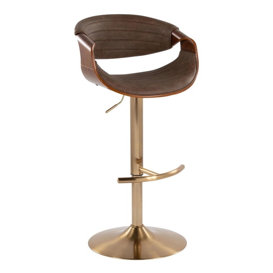 Symphony - Adjustable Barstool With Swivel - Gold Metal, Walnut Wood, And Espresso Faux Leather With Rounded T Footrest (Set of 2)
