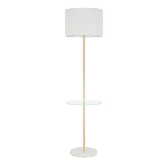 Chloe - Shelf Floor Lamp - White Marble Base, Clear Glass Shelf And White Linen Shade