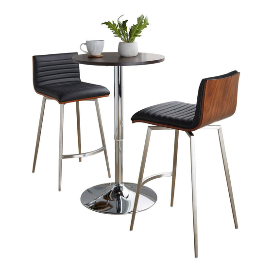 Mason - Swivel Counter Height Dining Set With Adjustable Table - Chrome Metal, Brown Wood Tabletop, Stainless Steel And Black Faux Leather (Set of 3)
