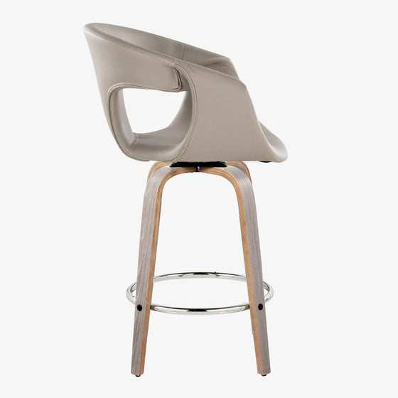Curva - 26" Fixed-Height Counter Stool With Swivel And Round Chrome Metal Footrest (Set of 2) - Light Gray Wood And Light Gray Faux Leather