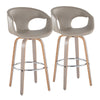 Curva - 30" Fixed-Height Barstool With Swivel And Round Chrome Metal Footrest (Set of 2) - Light Gray Wood And Light Gray Faux Leather