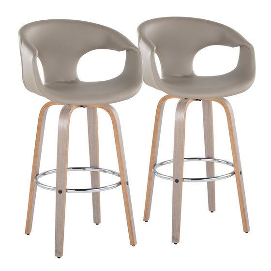Curva - 30" Fixed-Height Barstool With Swivel And Round Chrome Metal Footrest (Set of 2) - Light Gray Wood And Light Gray Faux Leather