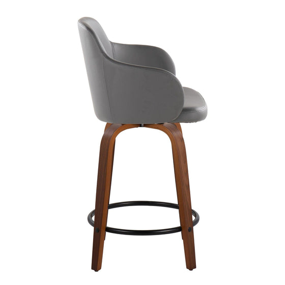 Boyne - 24" Fixed-Height Counter Stool With Swivel - Walnut Wood, Gray Faux Leather And Round Black Metal Footrest (Set of 2)