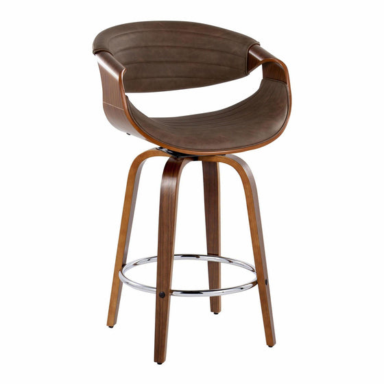 Symphony - 26" Fixed-Height Barstool With Swivel - Walnut Wood And Espresso Faux Leather With Round Chrome Metal Footrest (Set of 2)
