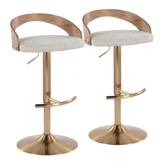 Grotto - Adjustable Barstool With Swivel And Rounded T Footrest (Set of 2) - Gold Metal, White Washed Wood, And Oat Fabric