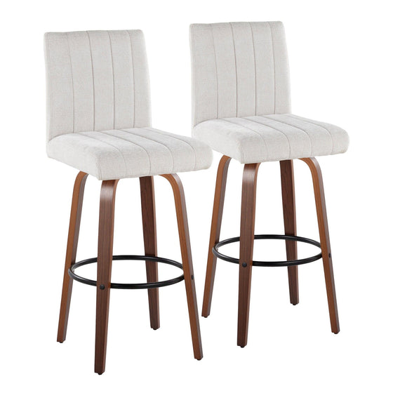 Hank - 30" Fixed-Height Barstool With Swivel And Round Black Metal Footrest (Set of 2) - Walnut Wood
