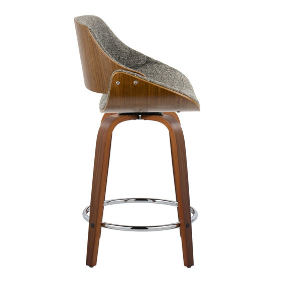Fabrizzi - 24" Fixed-Height Counter Stool With Swivel And Round Chrome Metal Footrest (Set of 2) - Walnut Wood And Gray Noise Fabric