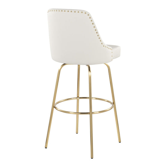 Marcel - 30" Fixed-Height Barstool With Swivel And Round Gold Metal Footrest (Set of 2) - Gold Metal And White Faux Leather With Gold Nailhead Trim