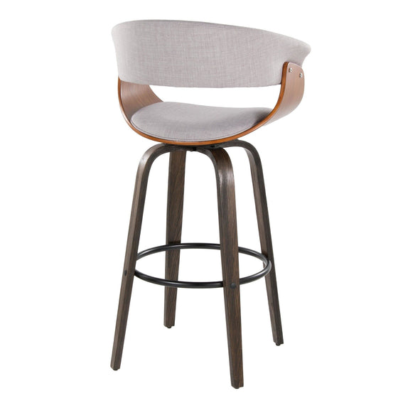 Vintage Mod - 30" Fixed-Height Barstool With Swivel - Walnut Glazed Wood And Stone Fabric With Walnut Wood Accents And Round Black Metal Footrest (Set of 2)