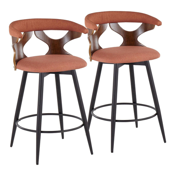 Gardenia - 25" Fixed-Height Counter Stool With Swivel And Rounded Black Metal Footrest (Set of 2) - Black Metal, Walnut Wood