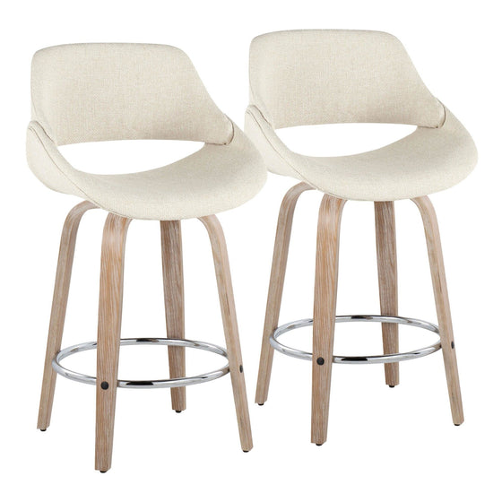 Fabrico - 26" Fixed-Height Counter Stool With Swivel And Round Chrome Metal Footrest (Set of 2) - White Washed Wood And Cream Noise Fabric