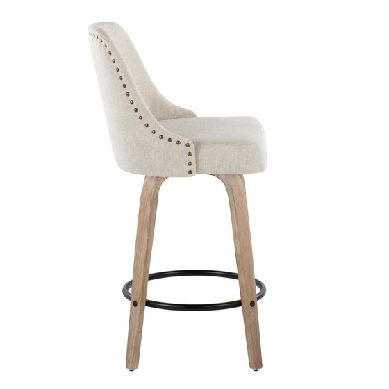 Marcel - 27" Fixed-Height Counter Stool With Swivel And Round Black Metal Footrest (Set of 2) - Whitewashed Wood And Cream Fabric With Brass Nailhead Trim