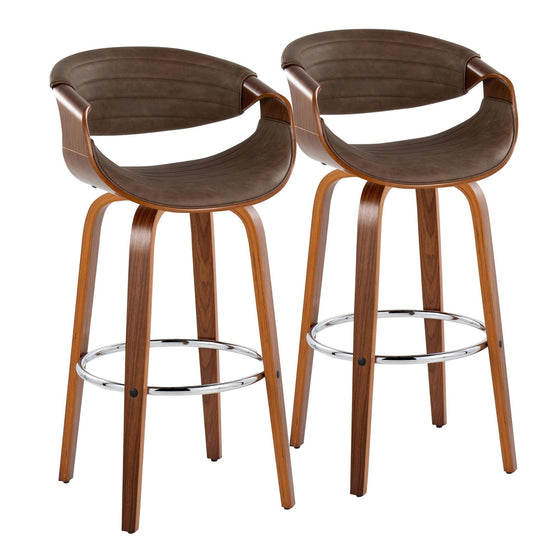Symphony - 30" Fixed-Height Barstool With Swivel And Round Chrome Metal Footrest (Set of 2) - Walnut Wood
