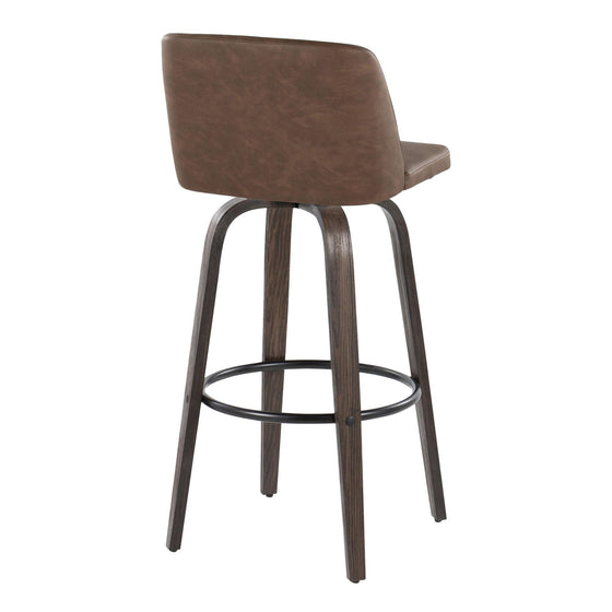 Toriano - 30" Fixed-Height Barstool With Swivel And Round Black Metal Footrest (Set of 2) - Walnut Glazed Wood And Espresso Faux Leather