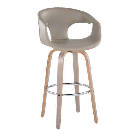 Curva - 30" Fixed-Height Barstool With Swivel And Round Chrome Metal Footrest (Set of 2) - Light Gray Wood And Light Gray Faux Leather