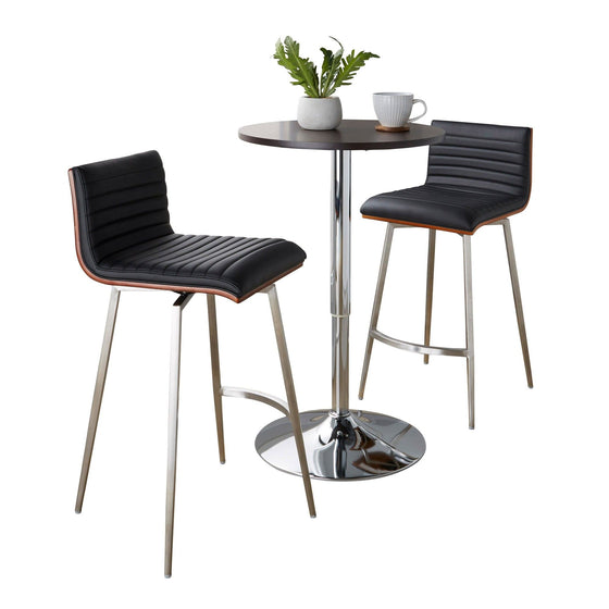 Mason - Swivel Counter Height Dining Set With Adjustable Table - Chrome Metal, Brown Wood Tabletop, Stainless Steel And Black Faux Leather (Set of 3)
