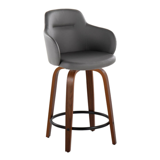 Boyne - 24" Fixed-Height Counter Stool With Swivel - Walnut Wood, Gray Faux Leather And Round Black Metal Footrest (Set of 2)