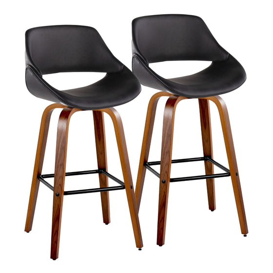 Fabrico - 30" Fixed-Height Barstool With Swivel And Square Black Metal Footrest (Set of 2) - Walnut Wood