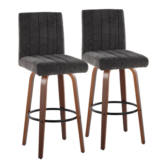 Hank - 30" Fixed-Height Barstool With Swivel And Round Black Metal Footrest (Set of 2) - Walnut Wood