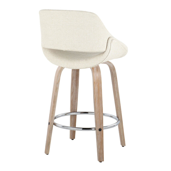 Fabrico - 26" Fixed-Height Counter Stool With Swivel And Round Chrome Metal Footrest (Set of 2) - White Washed Wood And Cream Noise Fabric
