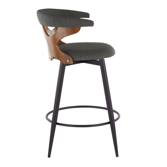 Gardenia - 25" Fixed-Height Counter Stool With Swivel And Rounded Black Metal Footrest (Set of 2) - Black Metal, Walnut Wood