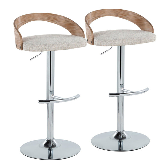 Grotto - Adjustable Barstool With Swivel And Rounded T Footrest (Set of 2) - Chrome Metal, White Washed Wood, And Oat Fabric